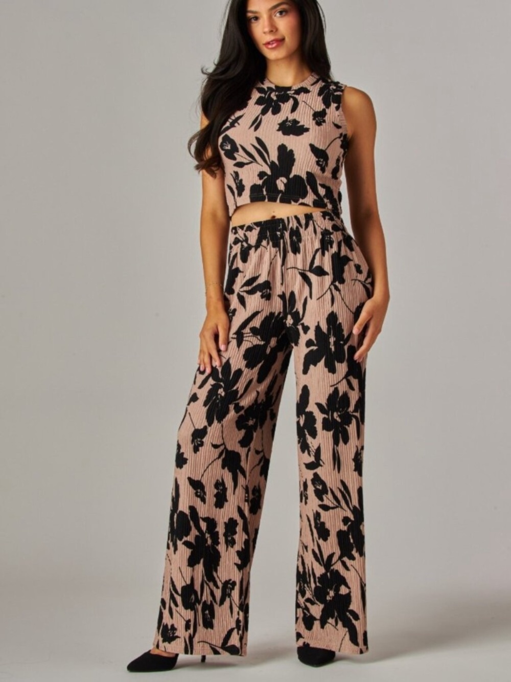 Love Poem Taupe and Black Floral Print Crinkled Crop Top & Wide Leg Pant Set